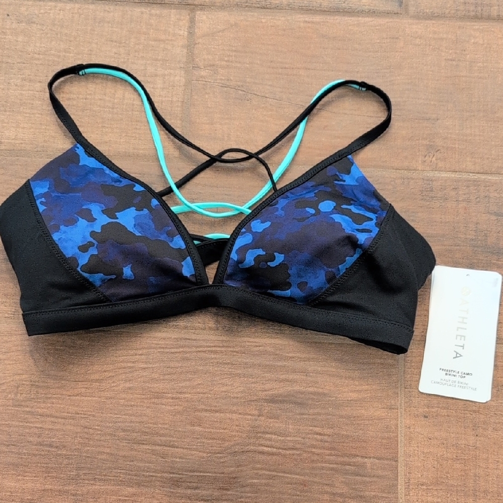 NWT Athleta Freestyle Camo Bikini Top Blue Black Size M